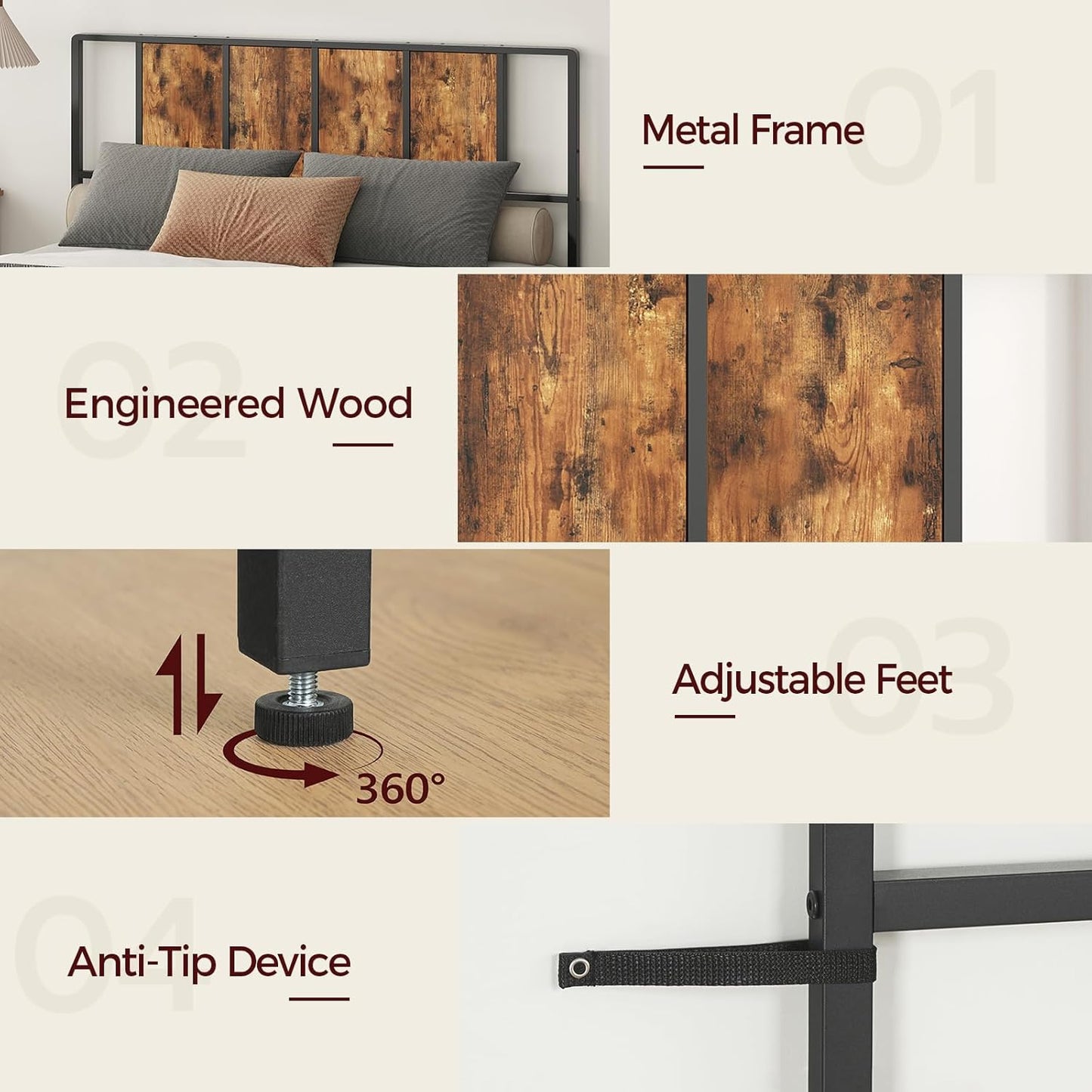Queen Size Headboard Only, Metal Headboard with Adapters, Minimalist Industrial Style for Queen Size Beds, Rustic Brown and Black