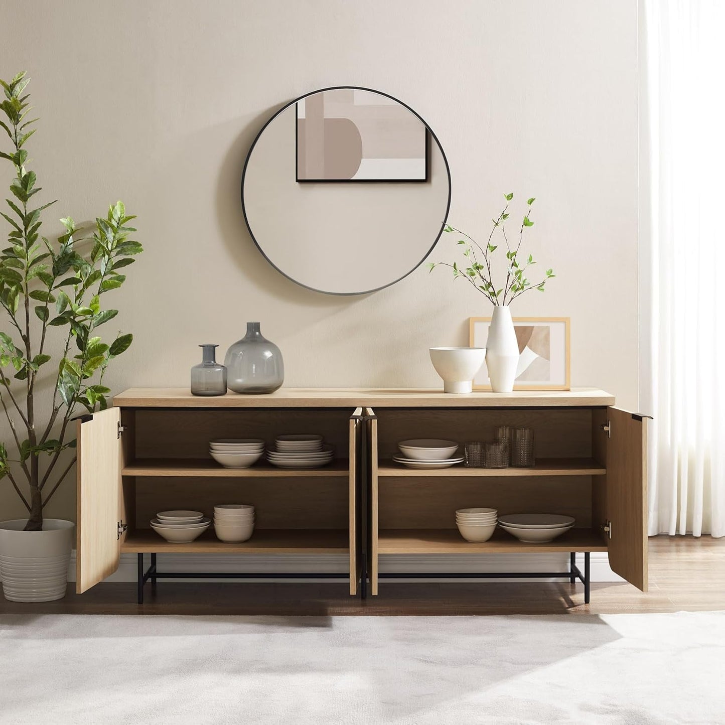 Reema Fluted 4-Door Kitchen Sideboard Buffet Console, 69 Inch, Coastal Oak