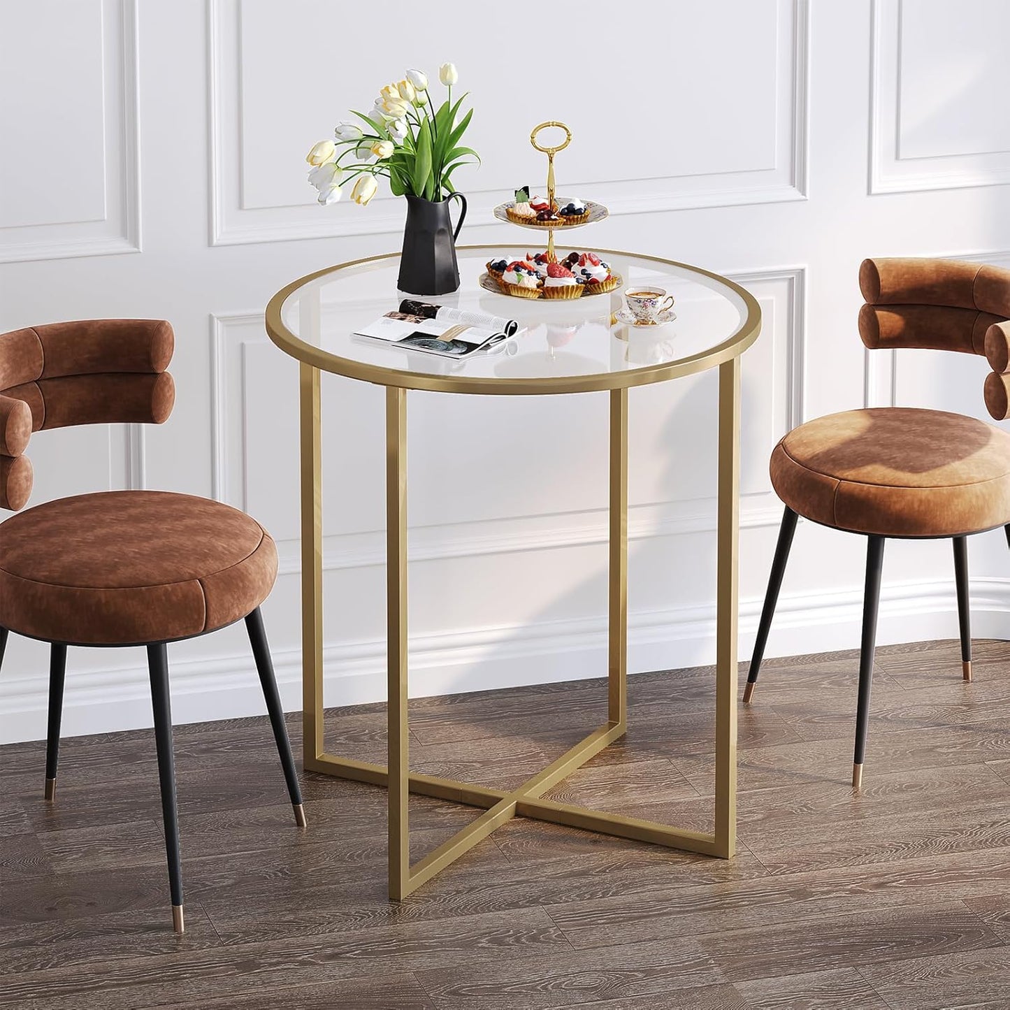 Small round Dining Table for 2,Glass Circle Kitchen Dinner Table,26.7'' Multifuntional Modern Desk for Dining Room,Office,Kitchen,Apartment,Easy Assembly,Gold