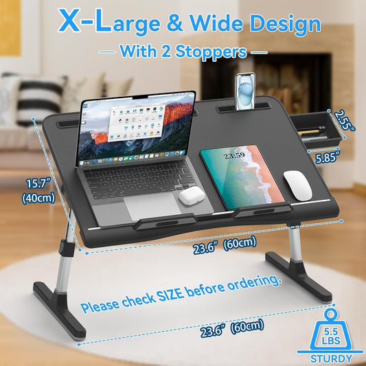 Laptop Bed Desk, X-Large Leather Adjustable Computer Bed Table Tray, Foldable Laptop Lap Desk for Bed Sofa Couch Floor Writing Eating Working with Drawer 2 Movable Stoppers (23.6 Inch, Black)