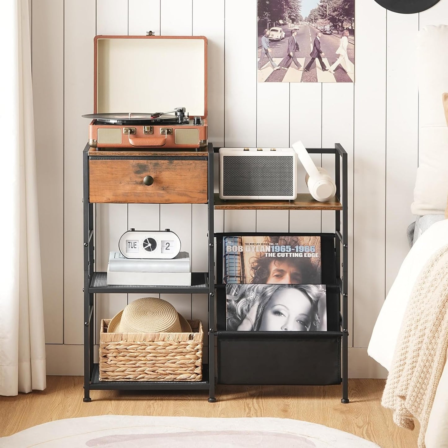 Record Player Stand with Vinyl Storage, Turntable Stand with Record Storage and Display Shelf, Media Cabinet with Drawer for Living Room, Bedroom,Rustic Brown BF75CJ01