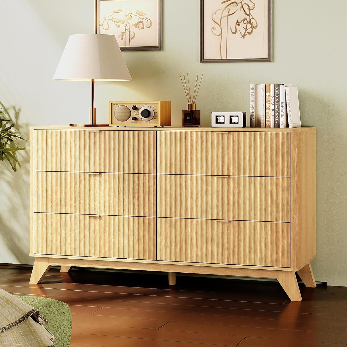 Fluted Dresser for Bedroom, 6 Drawer Dresser with Rounded Edges, Mid Century Modern Dressers Natural Wood Color, 46.8" W*15.6" D*31" H