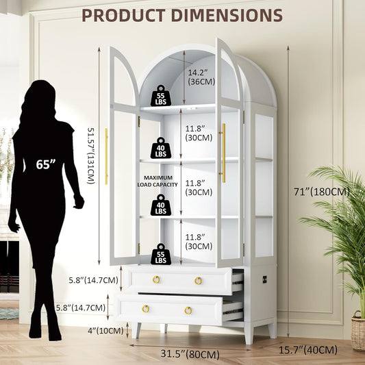 71 Inch Arched Curio Cabinet, 4-Tier Display Cabinet and 2 Drawers, Tall Bookcase with 3 Color Lights, Display Case with Glass Doors, Kitchen Pantry, White