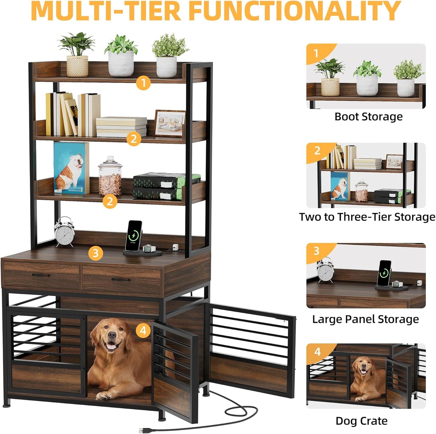 Dog Crate Furniture with Storage Shelves, Heavy Duty Dog Crate with Drawers & Charging Station, 39 Inch Dog Kennel Indoor Furniture for Large Dogs, Modern Dog Crate with Double Doors, Brown