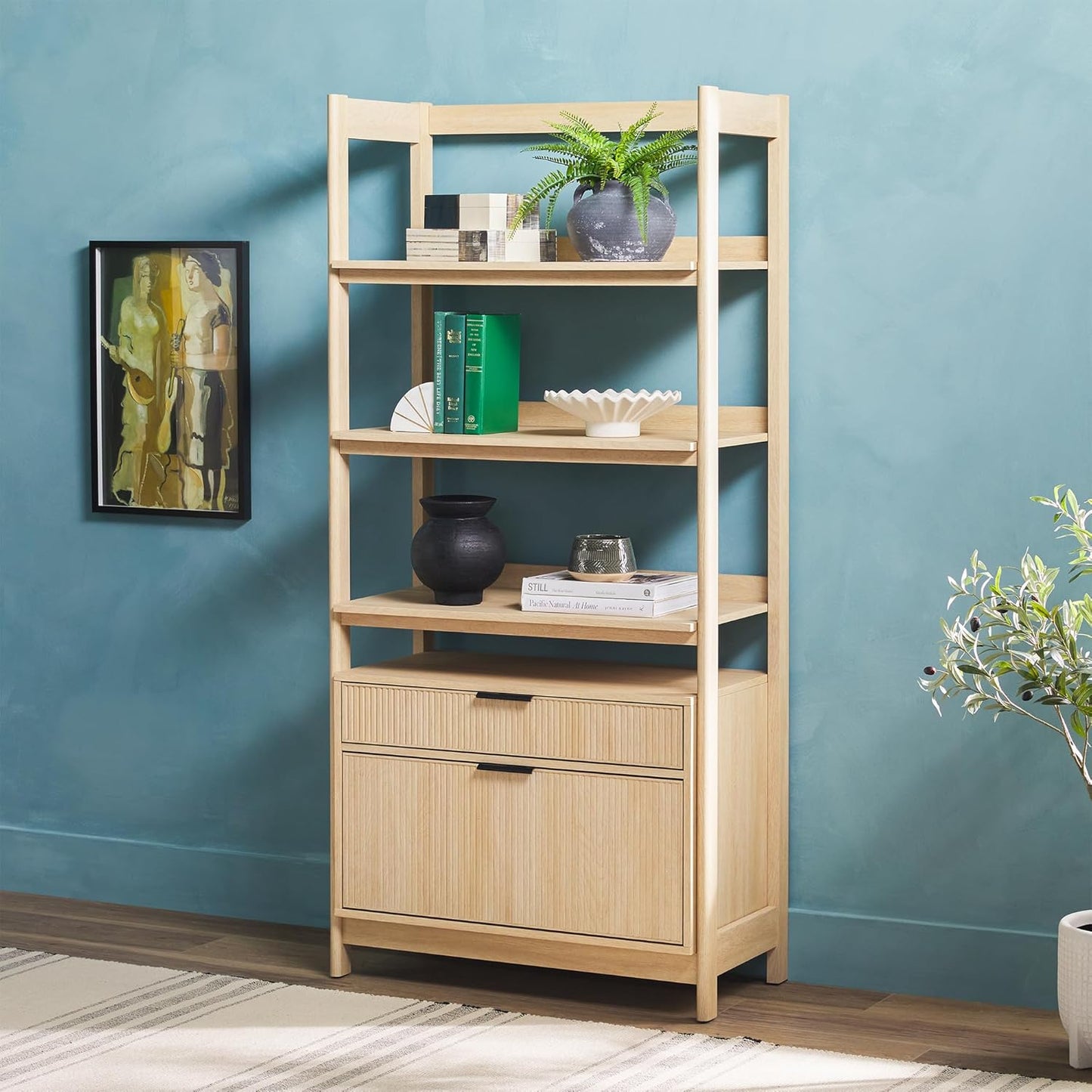 Transitional Open Reeded 4-Shelf Bookshelf with Drawers on Bottom, Versatile Bookcase with Bottom Storage for Home Office, Living Room, Bedroom, 33”W X 16.75”D X 70”H, Coastal Oak