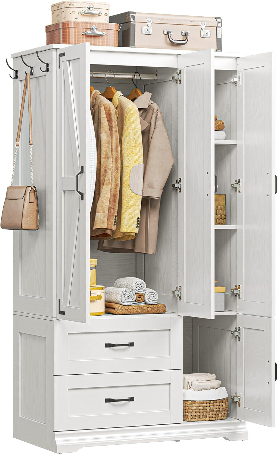 Armoire Wardrobe Closet 71" H, Bedroom Wooden Wardrobe with 4 Doors and 2 Drawers, Farmhouse Clothing Storage Cabinet Combination with Hanging Rod, Shelves, and Hooks, White