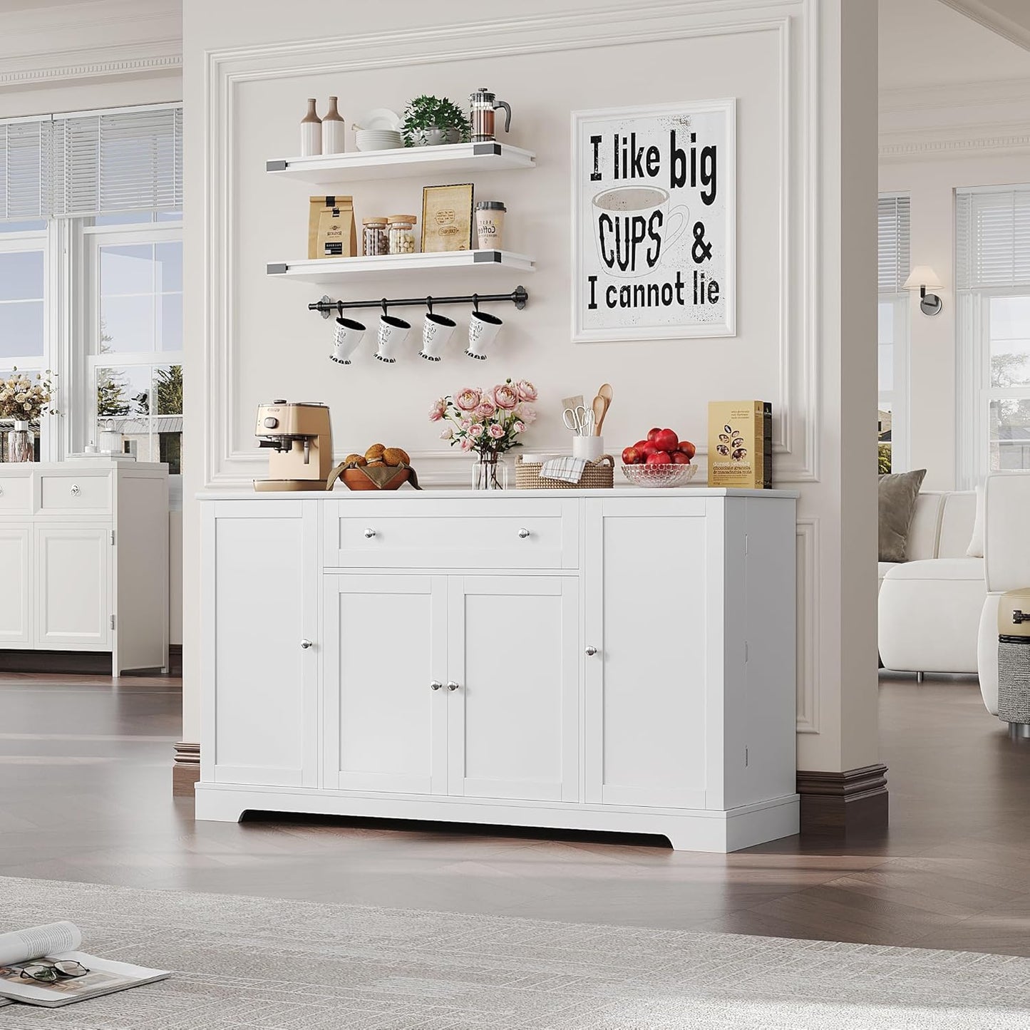 54" Buffet Cabinet with Storage, Modern Kitchen Buffet Sideboard with Drawer, Wood Coffee Bar Station with Adjustable Shelves, Kitchen Storage Cabinet for Living Room, White