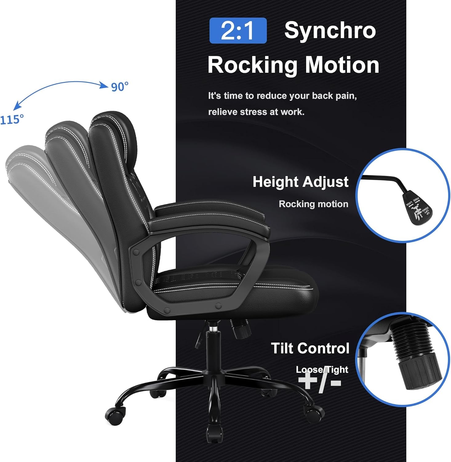 Office Chair, Executive Desk Chair, PU Leather Comfortable Executive Chairs with Fixed Armrest, Adjustable Height, Rocking Function, 360° Swivel Wheels, Black