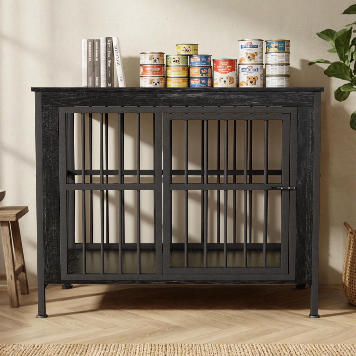 40" Dog Crate Furniture with Front Door & Storage Tabletop, Dog Kennel Side Table for Living Room, Industrial Pet Cage with 4.7" Raised Feet, Decorative Dog Kennel End Table, XL Crate, Black