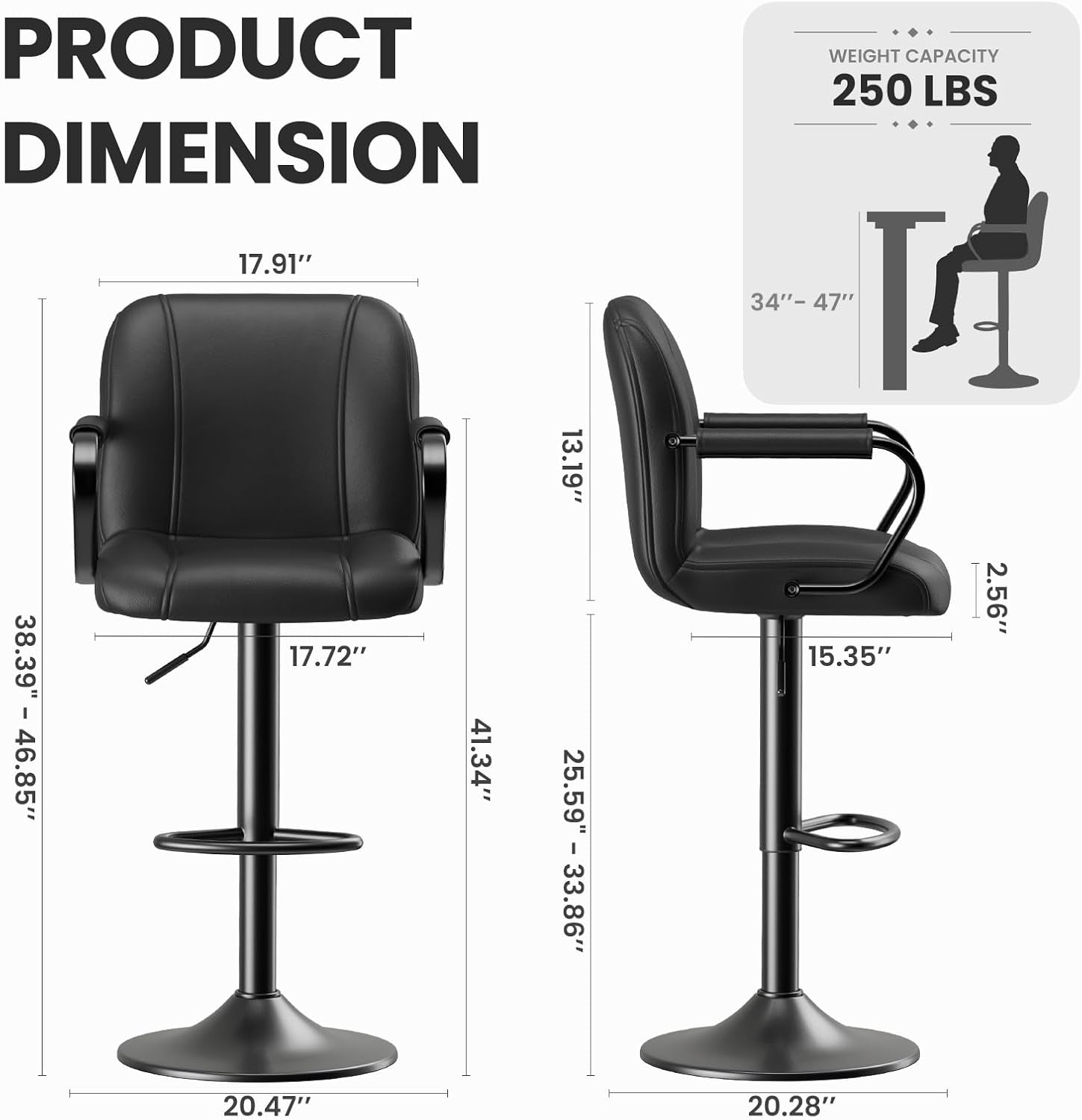 Set of 2 Modern Bar Stools with Backs - Adjustable High Chairs for Kitchen Island, Barstools for Home Bar, Island Stools, Sillas Altas Para Barra De Cocina, Black PU Leather