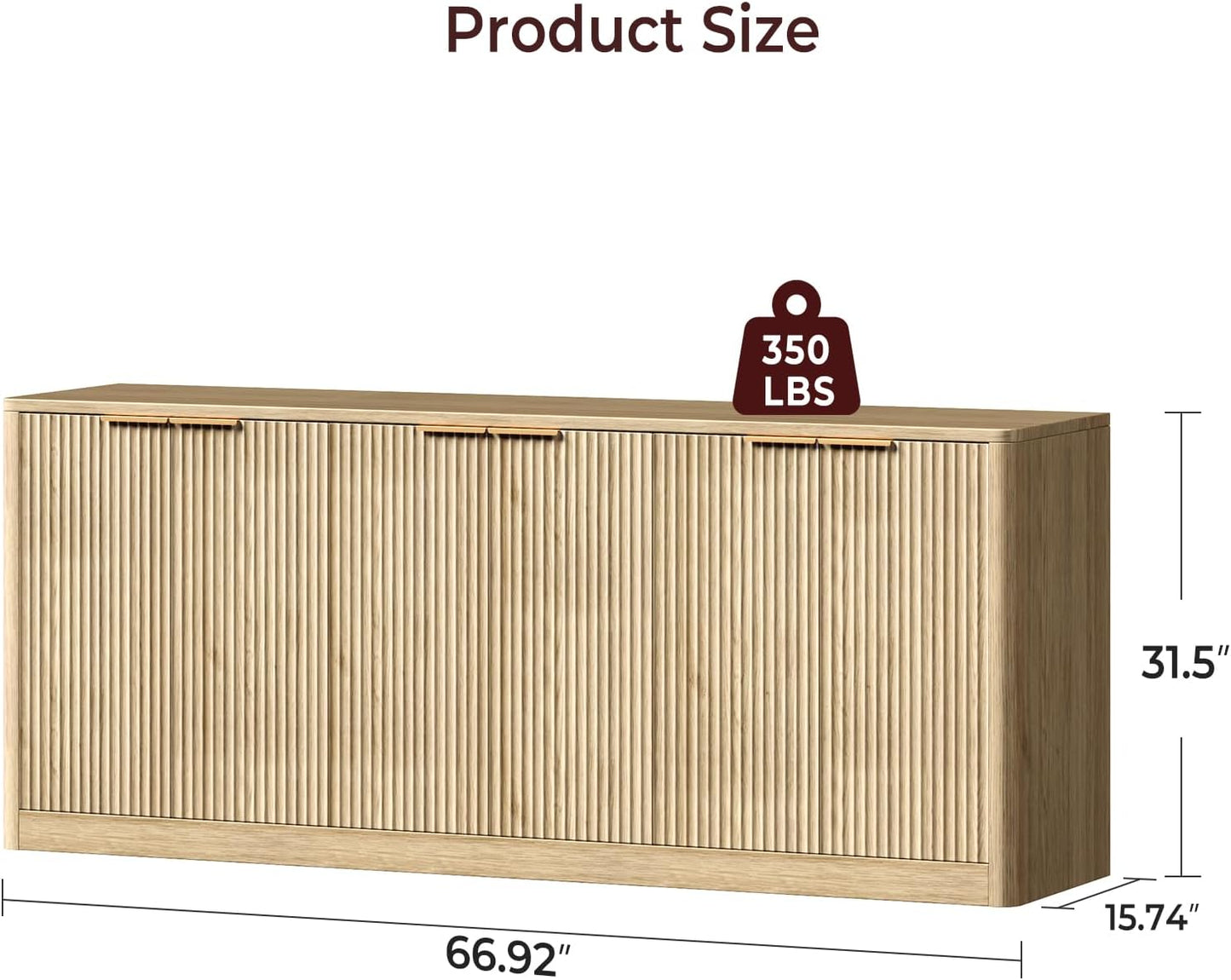 67" Oak Fluted TV Stand for Tvs up to 75", Mid-Century Modern Entertainment Center with Storage Cabinets and 6 Doors, Wood Media TV Consoles for Living Room and Bedroom