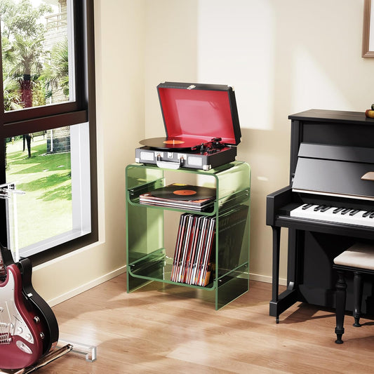 Acrylic Record Player Table with Storage Shelf, Clear Side Table Nightstand (Green, Large)