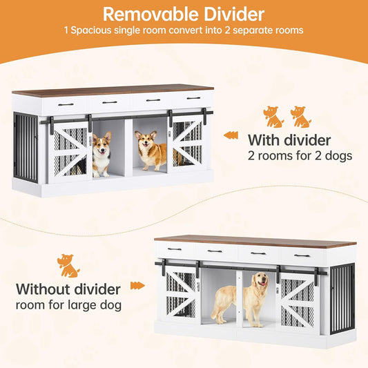 Dog Crate Furniture for 2 Dogs 71'' Extra Large Wooden Double Dog Crate TV Stand with Removable Divider, Multi-Functional Dog Cage with 4 Storage Drawers & 4 Doors for Large & Medium Dogs