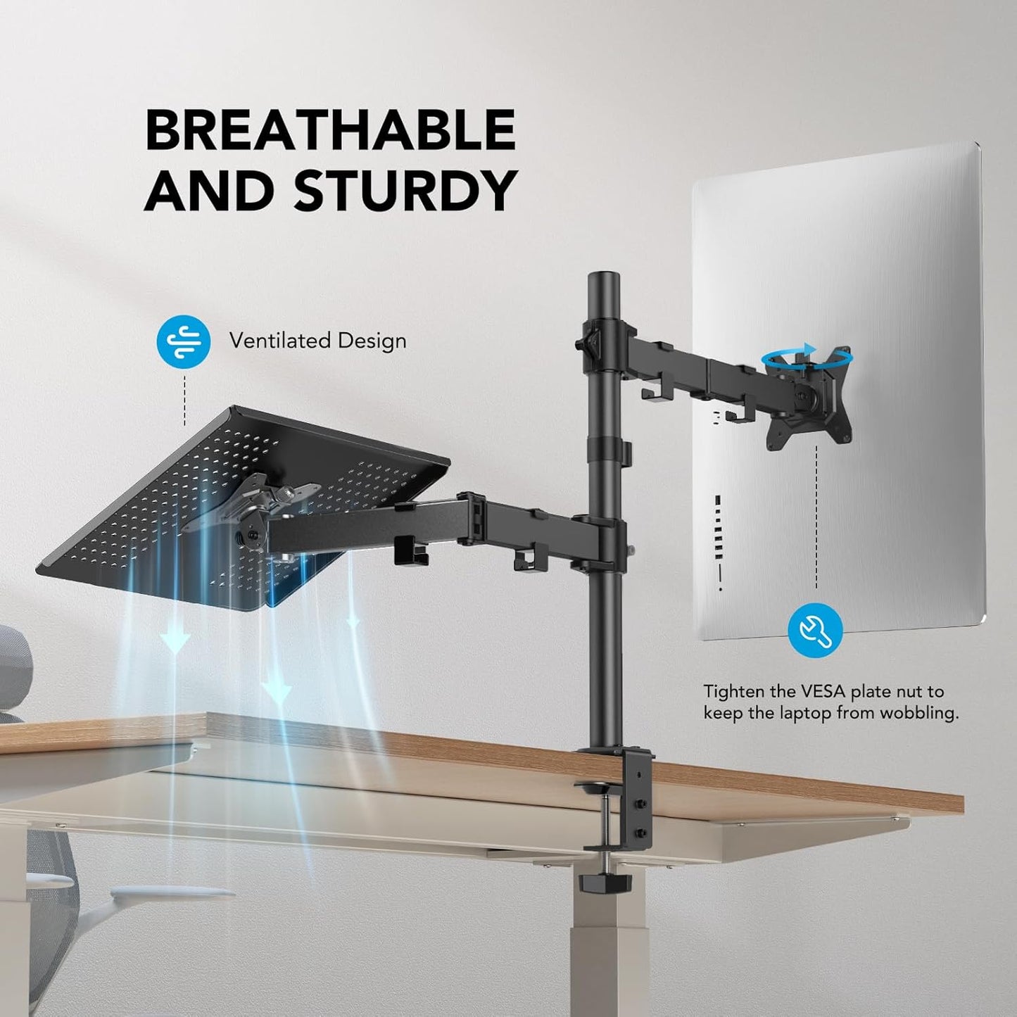 Adjustable Monitor Stand, Single Arm Desk Mount for 32 Inch Screen and 17 Inch Laptop, Heavy Duty Ergonomic Bracket Holds 22Lbs