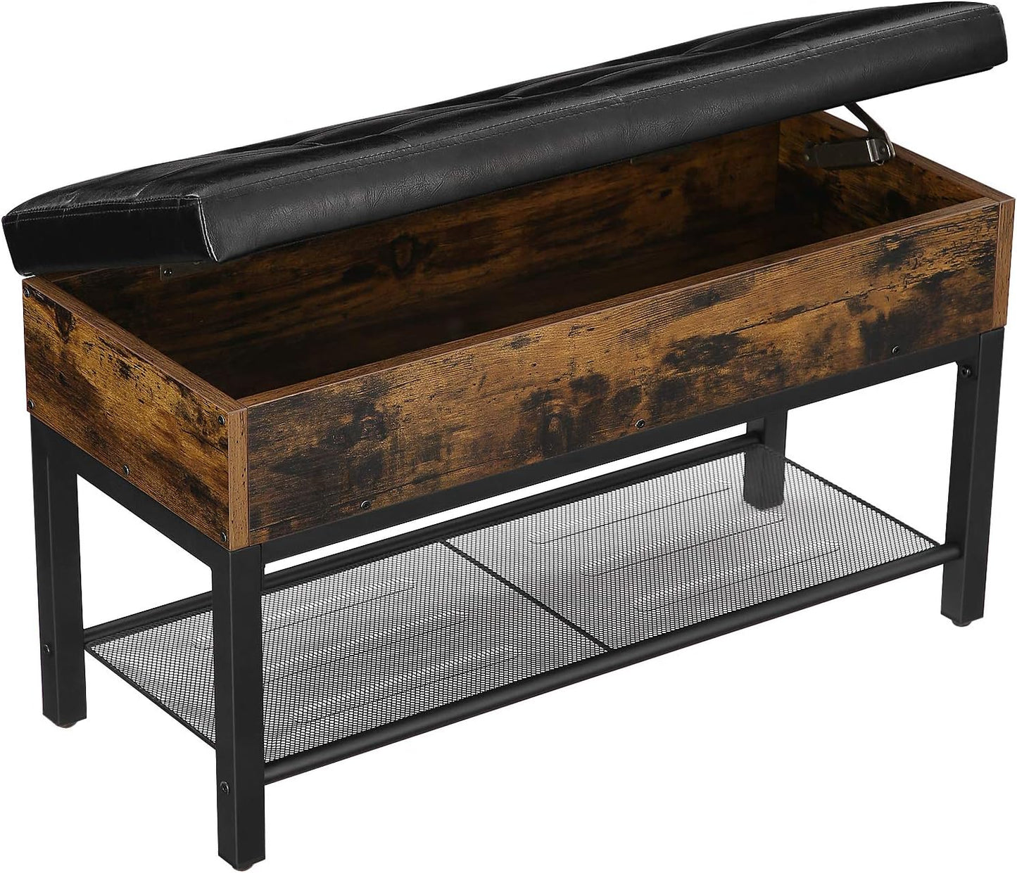 CAPADION Shoe Bench, Padded Bench with Storage Box and Shoe Shelf, Bedroom Stool, Steel Frame, Synthetic Leather, Industrial, Rustic Brown and Black ULSB46BX