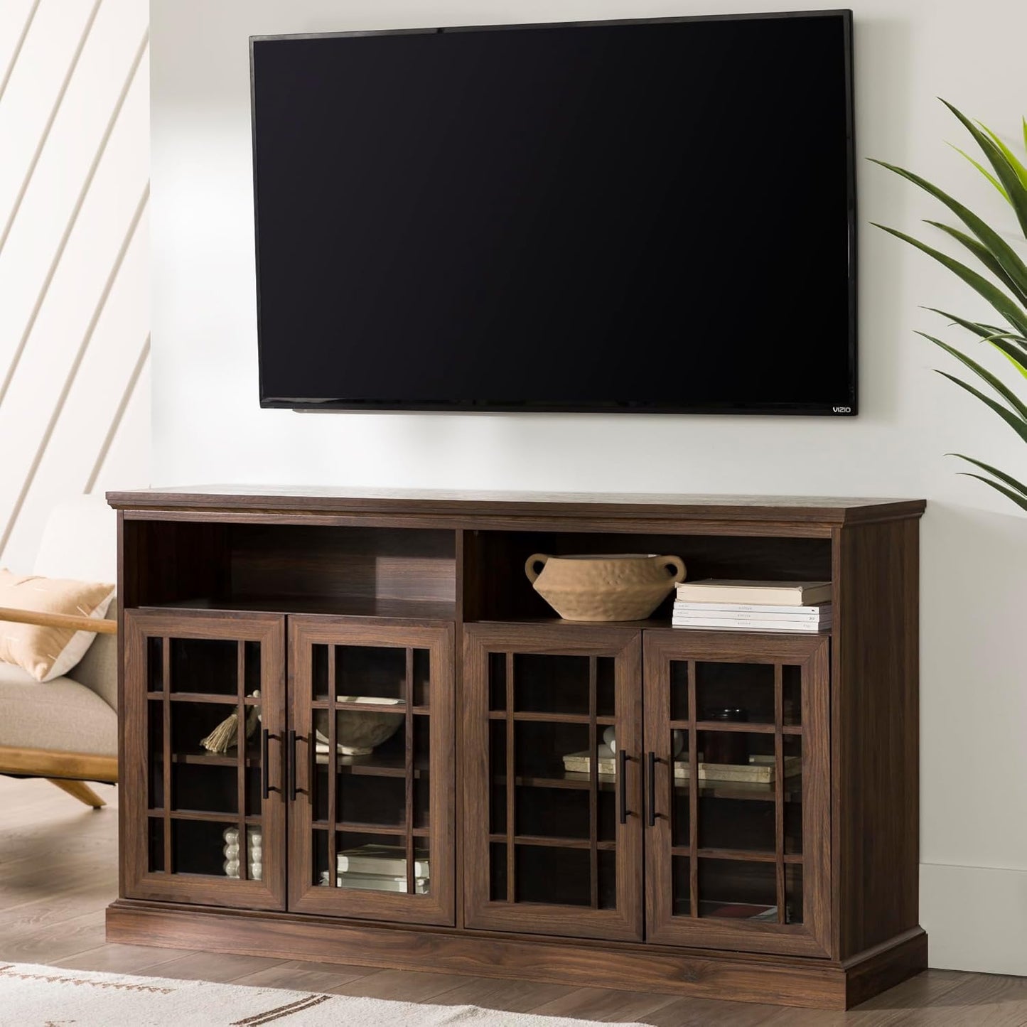 Classic Glass Door Universal TV Stand for Tv'S up to 64" Flat Screen Living Room Storage Cabinet Doors and Shelves Entertainment Center, 16"D X 58"W X 33"H, Dark Walnut