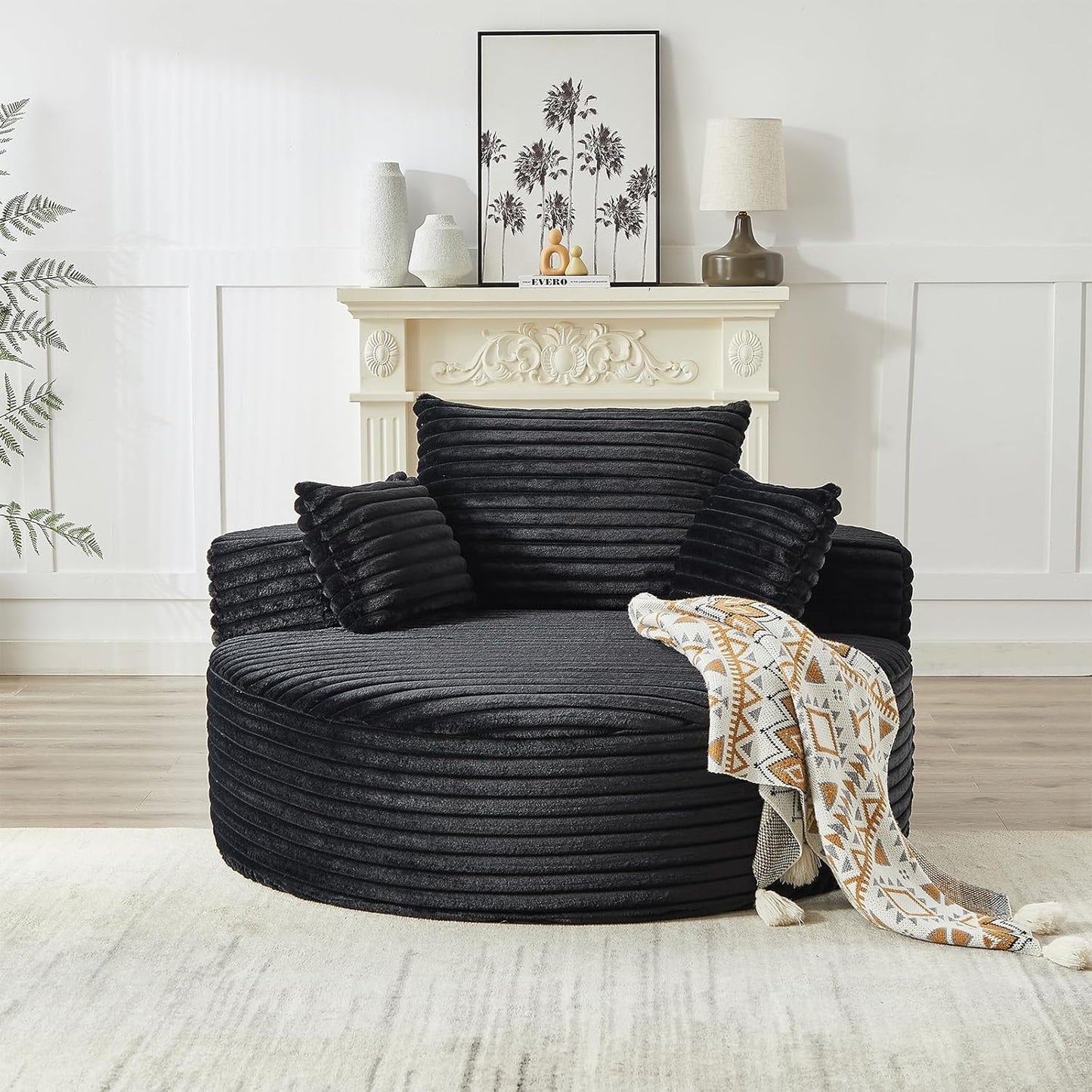Black oversized round corduroy chaise lounge floor chair, view 9