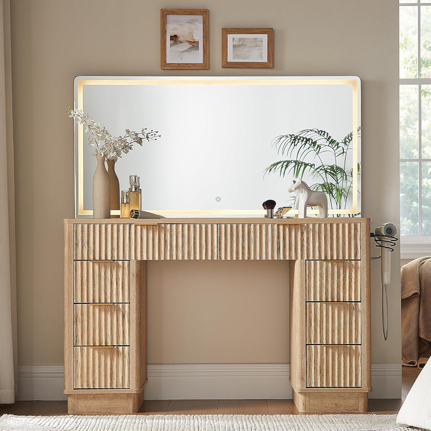 48" Fluted Makeup Vanity Desk with Large Led Lighted Mirror, Modern Vanity Table with 8 Drawers & Charging Station, Glass Top Dressing Table for Bedroom, Natural Oak