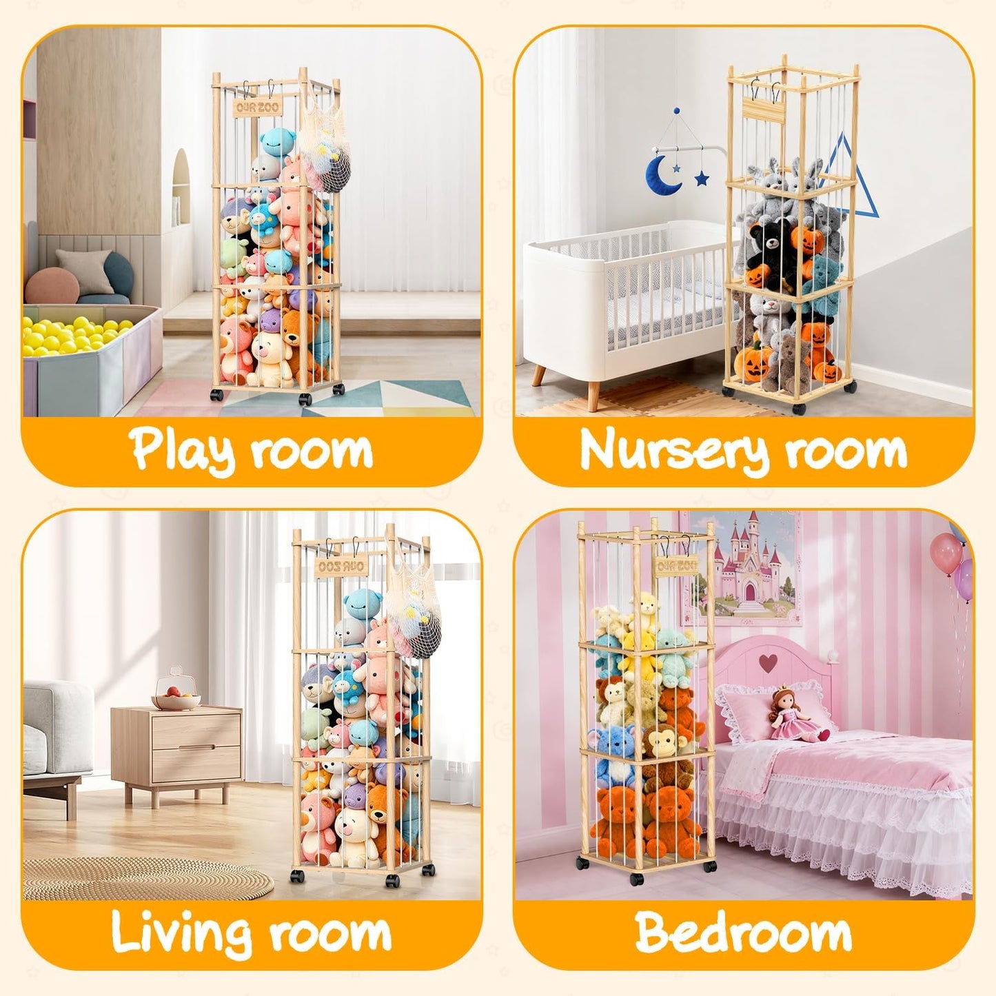 Stuffed Animal Storage & Holder, Natural Pine Wood Plushies Storage with Wheels, Large Capacity Stuffed Animal Zoo with Building Block Bag, Space save Toy Organizer for Nursery Playroom & Bedroom