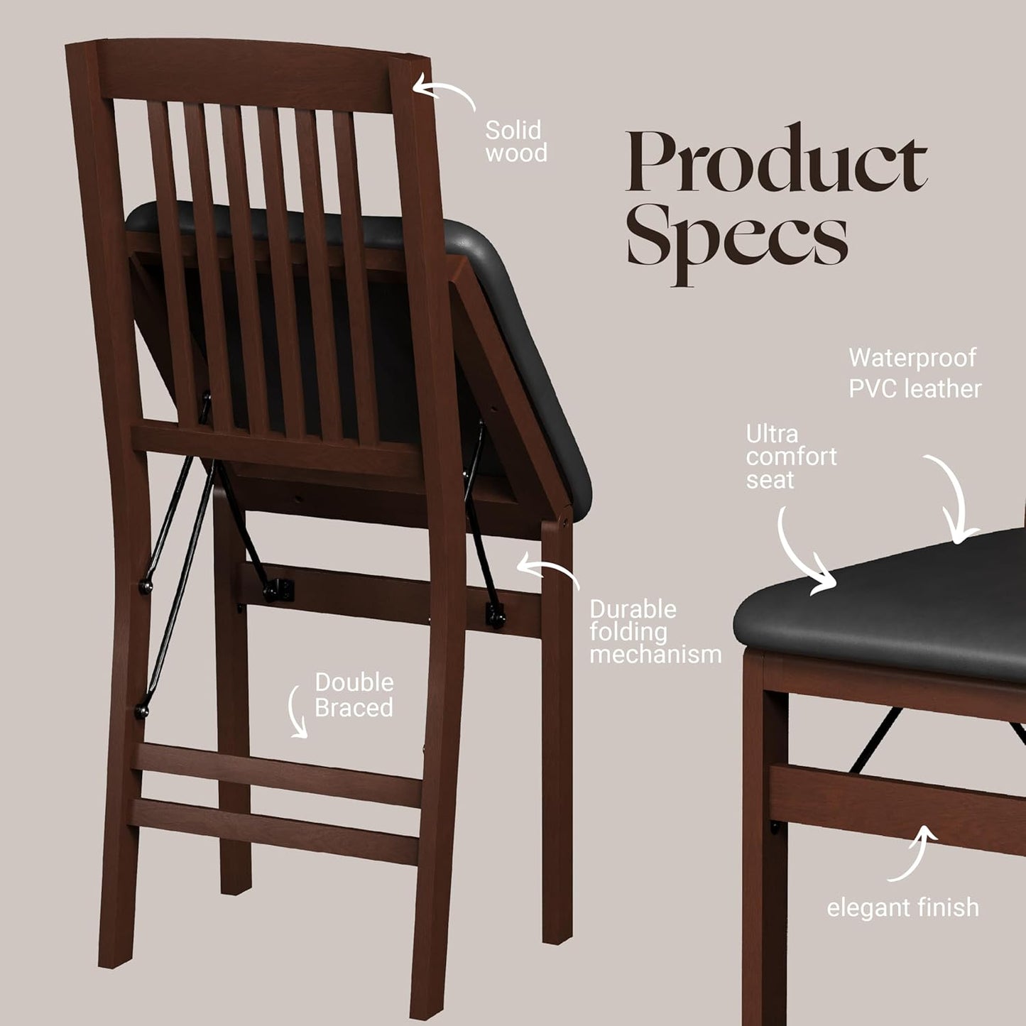 Compact Folding Wood Dining Chairs (Set of 2) – No Assembly, PU Leather Cushions, 400 Lb Load Capacity, Space-Saving Design for Apartment & Kitchen Use