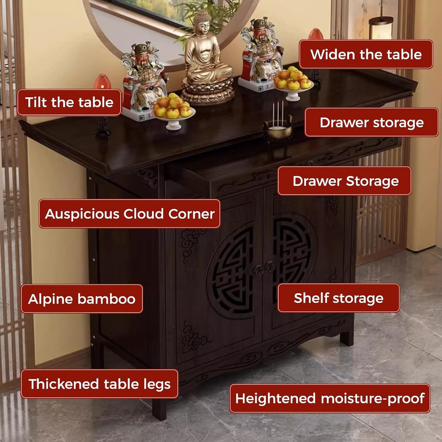 Buddha Altar Table, Altar Cabinet, Prayer Altar, Personal Shrine Stand, Altar Table with Storage, Bamboo Prayer Meditation Table (47.2×15.75×39.4In)