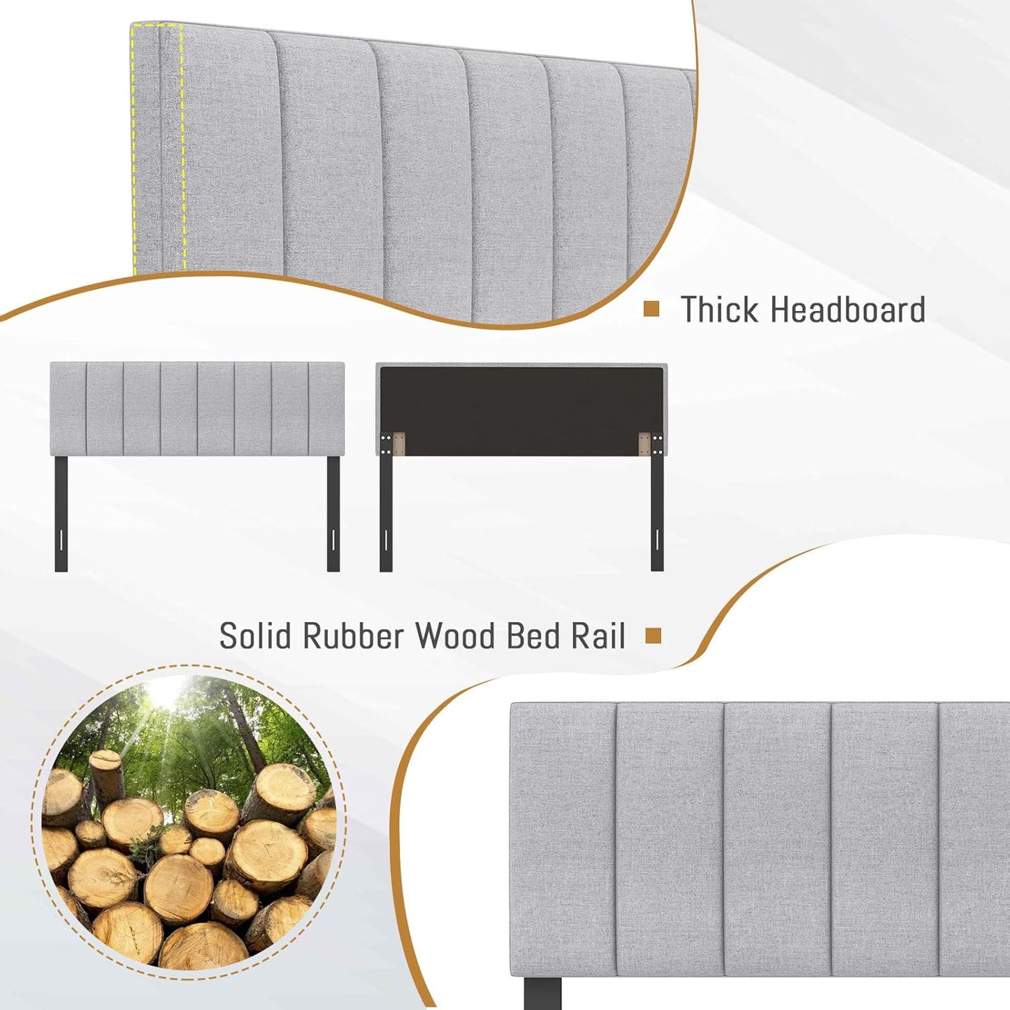Linen Upholstered Headboard for Full & Queen Size Bed, Vertical Channel Tufted Rectangular Headboard with Solid Wood Legs & Adjustable Width, Padded Bed Backboard, Easy Assembly (Gray)