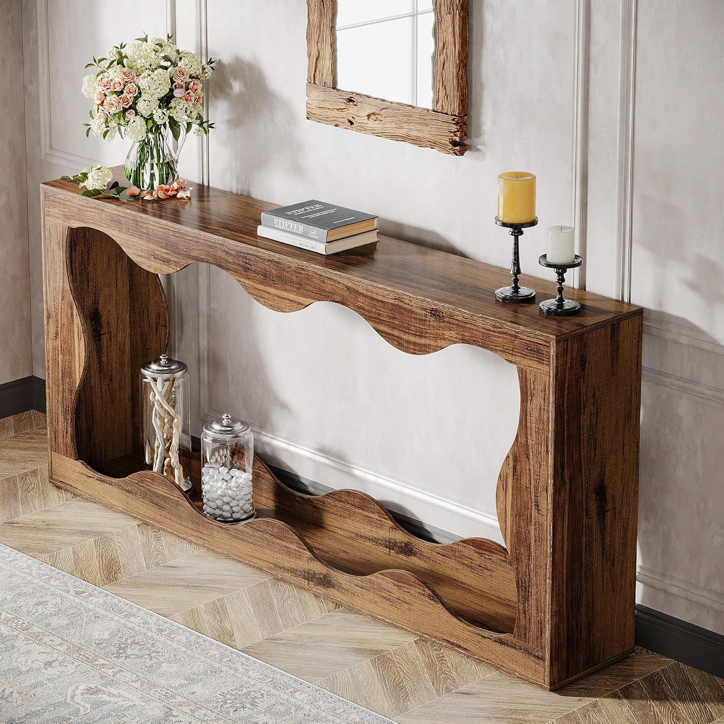 63 Inches Farmhouse Console Table with Storage, Couch Table behind Sofa, Long Entryway Sofa Station, Narrow Console Stand, Hallway Stand for Entryway Living Room, Brown