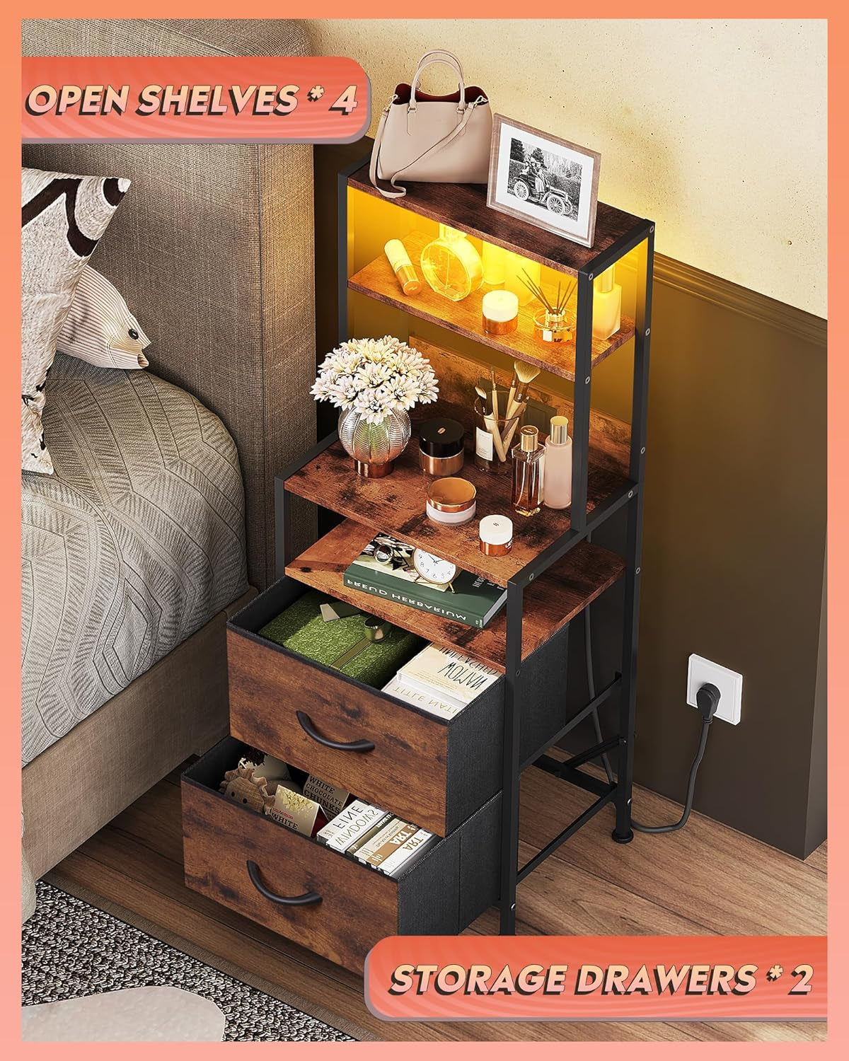 Nightstand with Charging Station, LED Night Stand with 2 Drawers and 4 Storage Open Shelves, Fabric Dresser for Bedroom, Rustic Brown
