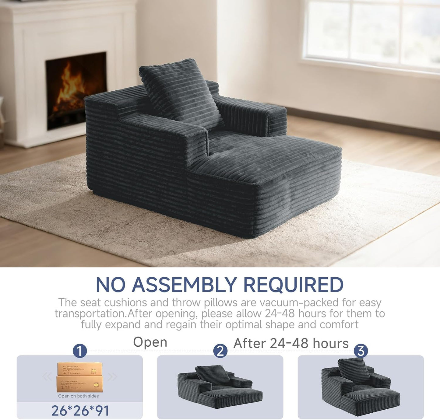 45'' Chaise Lounge Chair Indoor, Corduroy Upholstered Boneless Sofa Bed, Deep Seat Sleeper Couch Reading Chairs, Small Comfy Cloud Sofas Couches for Living Room, Bedroom, Movie Room (Dark Grey)