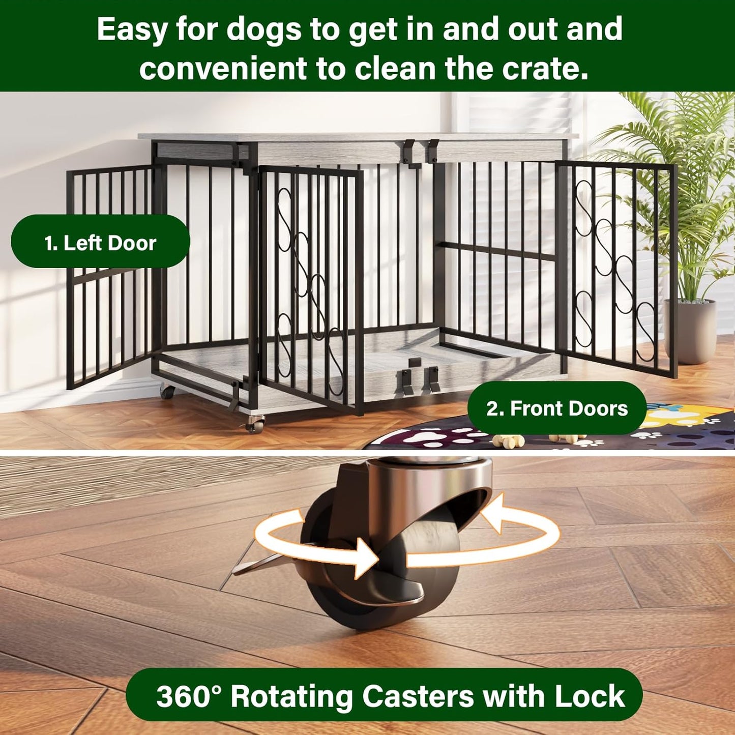 Large Dog Crate Furniture, 48 Inch Heavy Duty Dog Kennel Indoor with Caster Wheels, Wooden Dog Cage Morden Decorative Pet House TV Stand for Xlarge Dogs, Light Gray