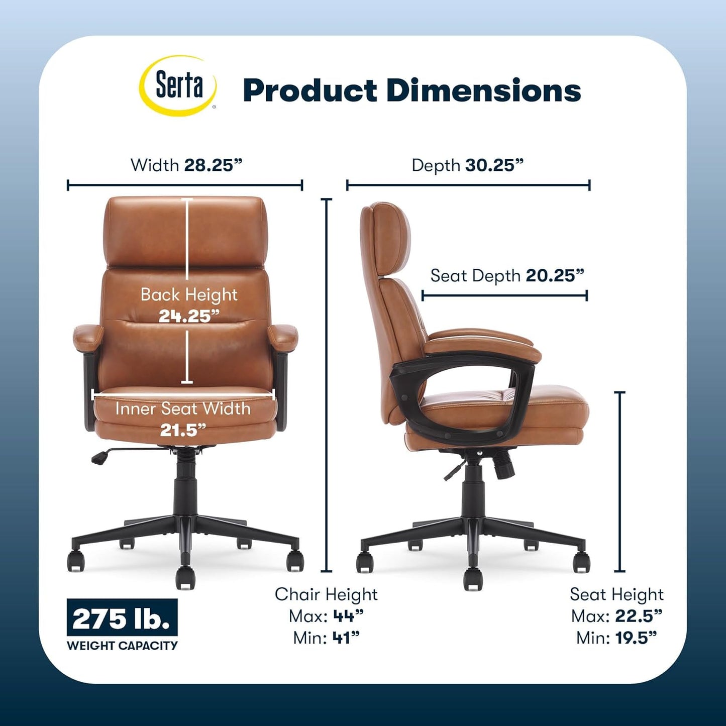 Comfort Executive Mid-Back Officechair, Semi Plush Cushion Seat, Padded Armrests, quality Foam, Metal Swivel Base, Ergonomic Computer Deskchair for Home or Office, Bonded Leather, Cognac