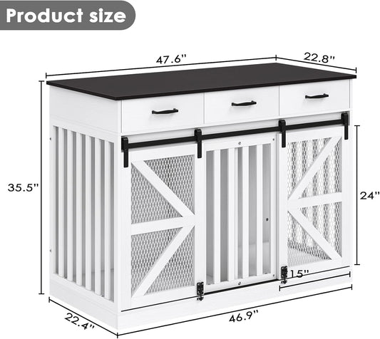 48" Dog Crate Furniture with Storage, Heavy Duty Dog Kennel Indoor with Divider for Small, Medium and Large Dogs, Large Dog Cage with Sliding Barn Door, Decorate House as TV Stand, End Table