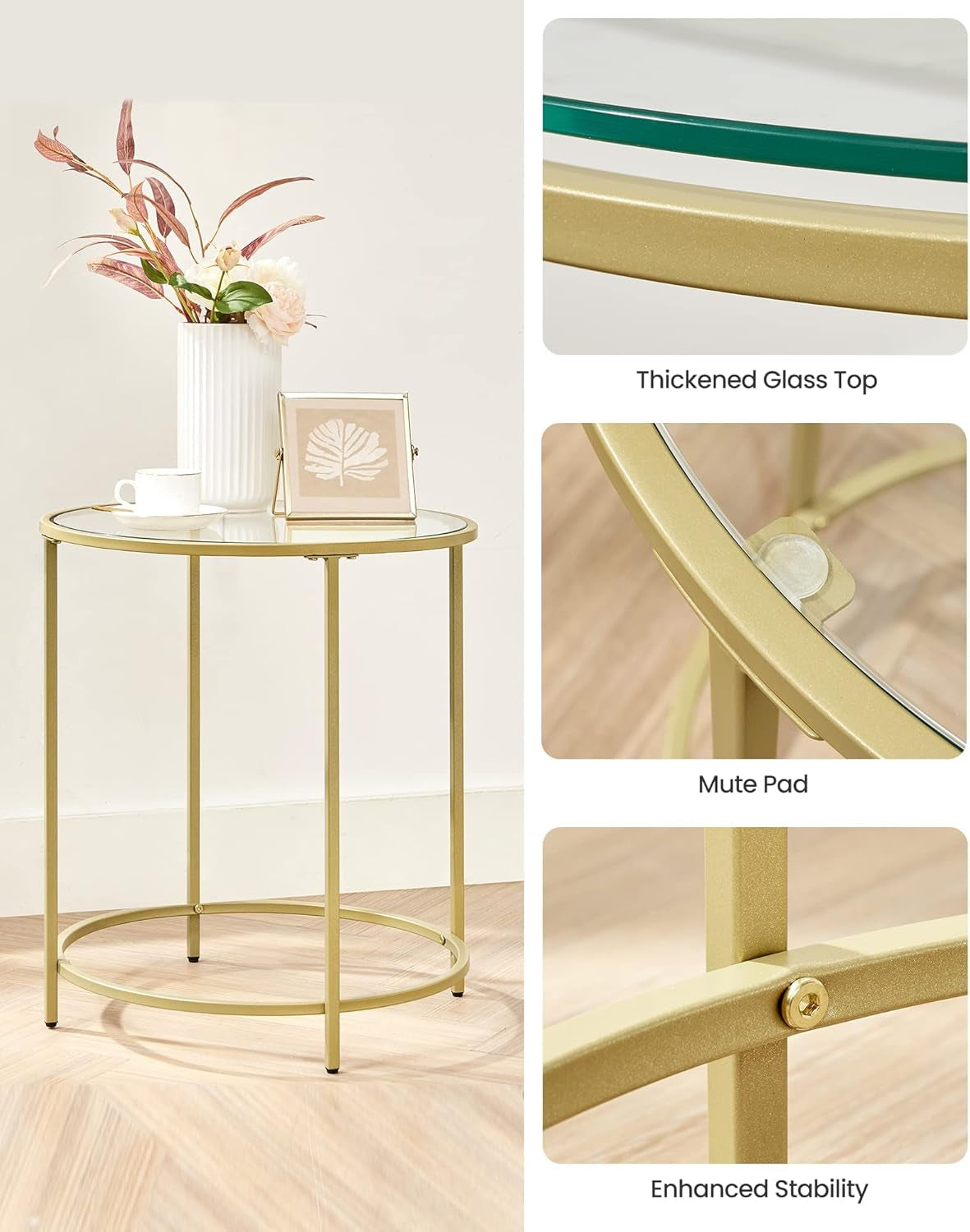 round Side Table, Glass End Table with Metal Frame, Black Coffee Table with Modern Style, for Living Room, Balcony, Bedroom, Black