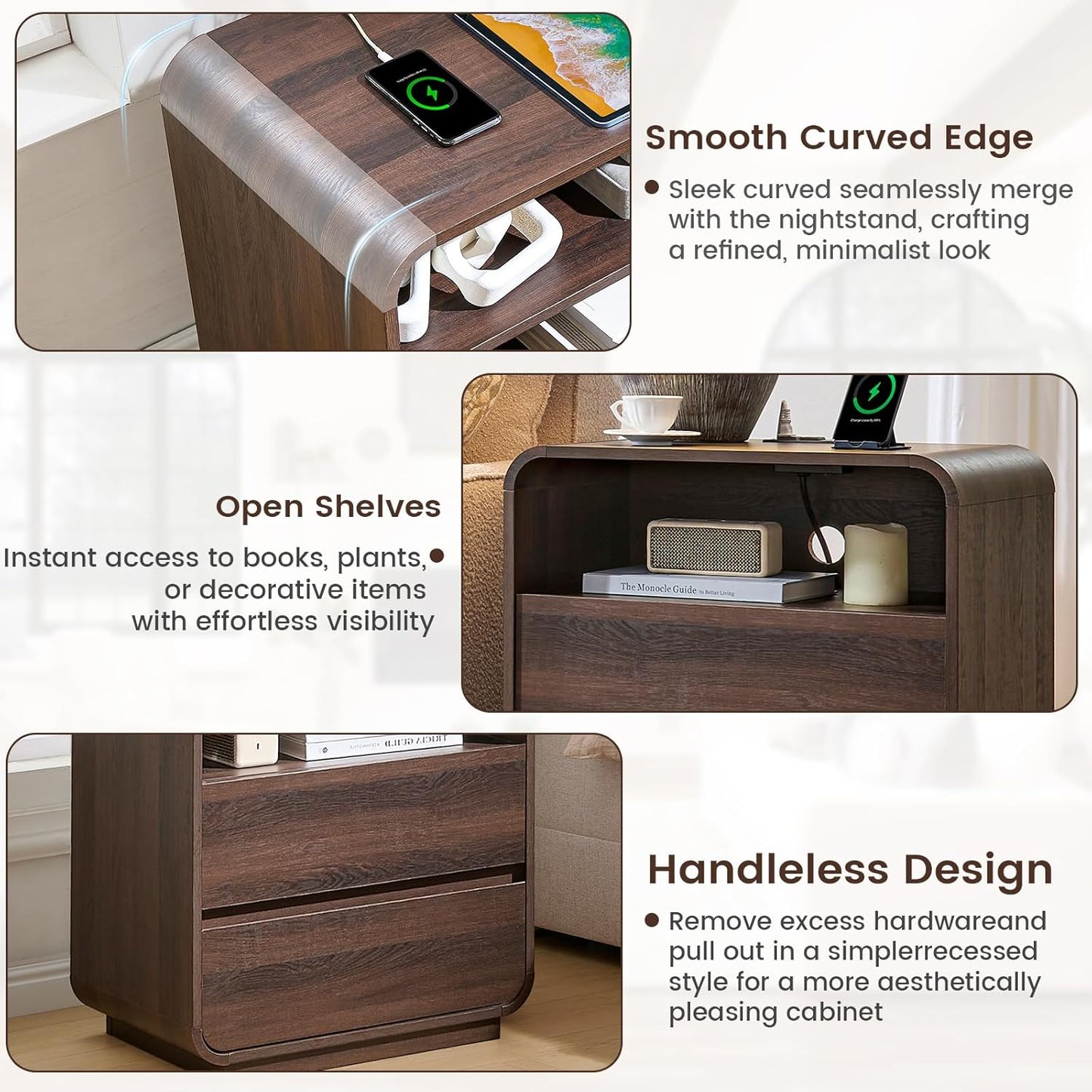 White Nightstand Set of 2 with Charging Station, 23.2" Wide Wood Bedside Table, Modern End Table with 2 Storage Drawers, Curved Profile, Handleless, Mid Century Night Stand for Bedroom