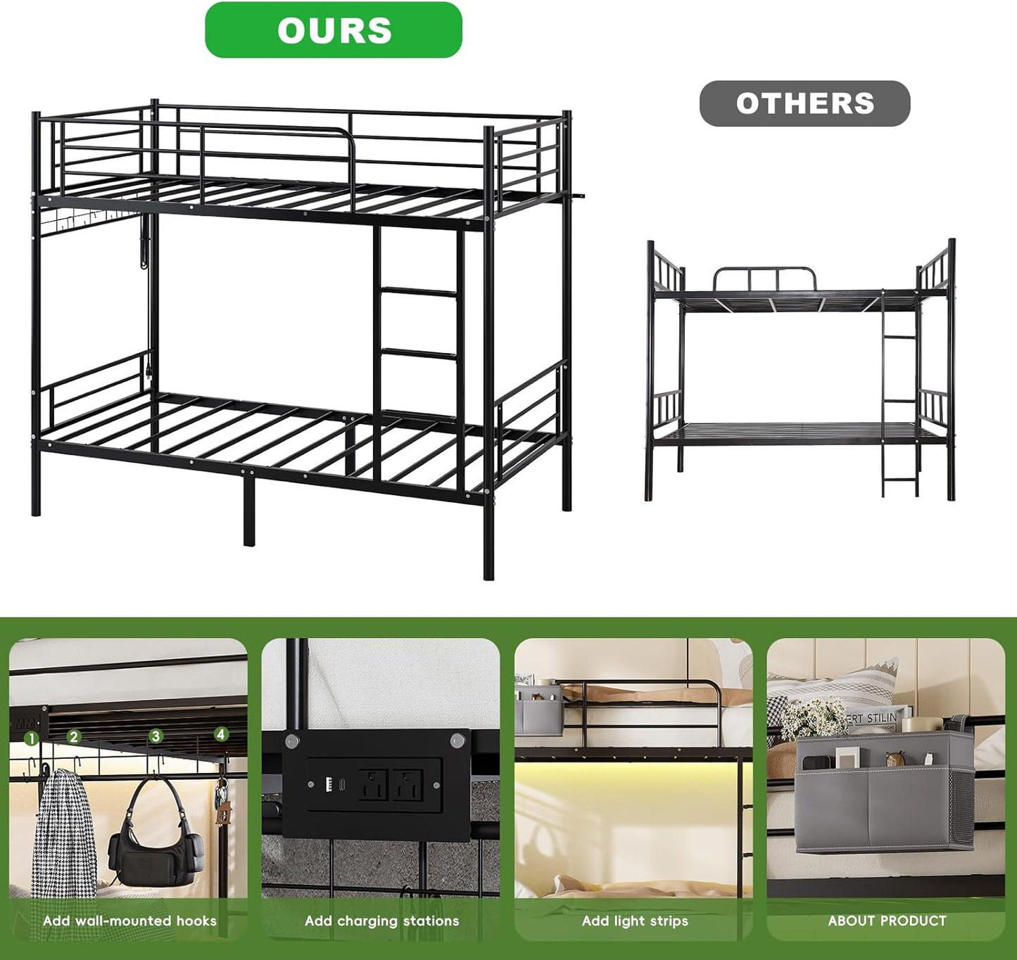 Bunk Bed Twin over Twin,Metal Bunk Beds with Power Outlet and LED Lights,Heavy-Duty Safety Rails Ladder,Space-Saving Design with Storage Hooks,440Lbs Capacity for Adults,Black