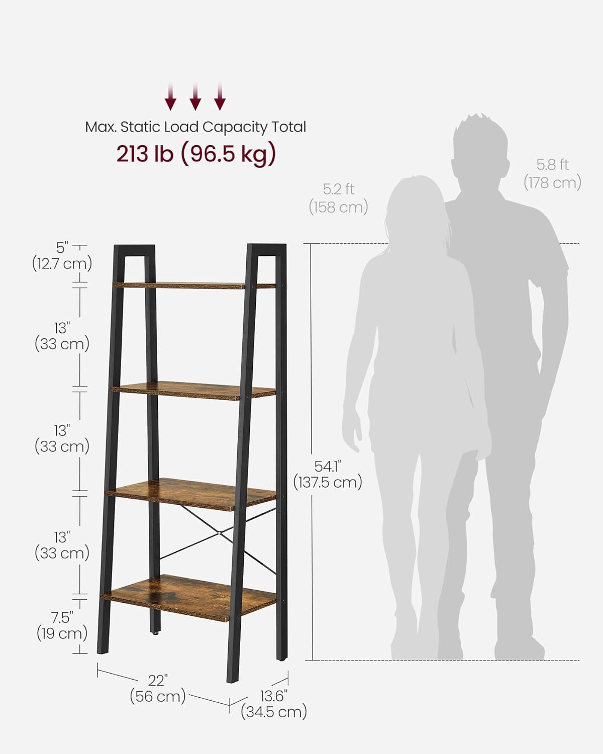 Ladder Shelf, 4-Tier Bookshelf, Storage Rack, Bookcase with Steel Frame, for Living Room, Home Office, Kitchen, Bedroom, Industrial Style, Maple White and Pearl White ULLS044W44