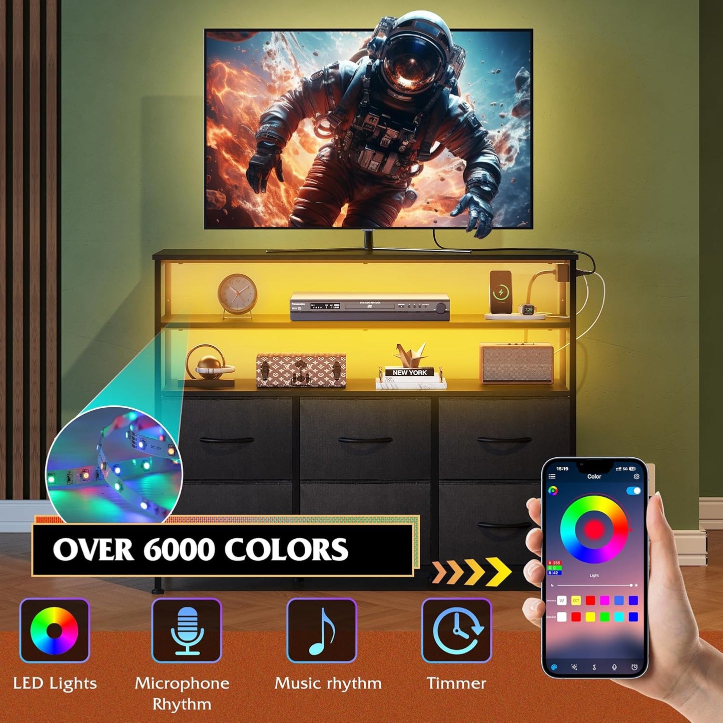 Black TV Stand for 40, 45 Inch TV, Entertainment Center with LED Lights & Charging Station, TV Media Console Table with 6 Fabric Drawers and Open Shelves for Living Room, Hallway, Wood Top