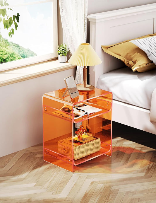 Acrylic End Table Record Player Table with Storage Shelf Clear Side Table Nightstand, Orange | Storage Shelf