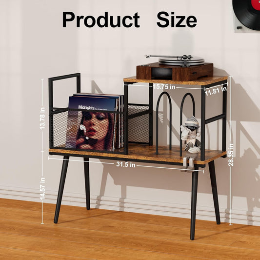 Record Player Stand with Vinyl Record Storage, Holds up to 200 Albums, Record Storage Cabinet & Record Stand, Vintage Industrial Turntable Stand with Adjustable Feet for Living Room