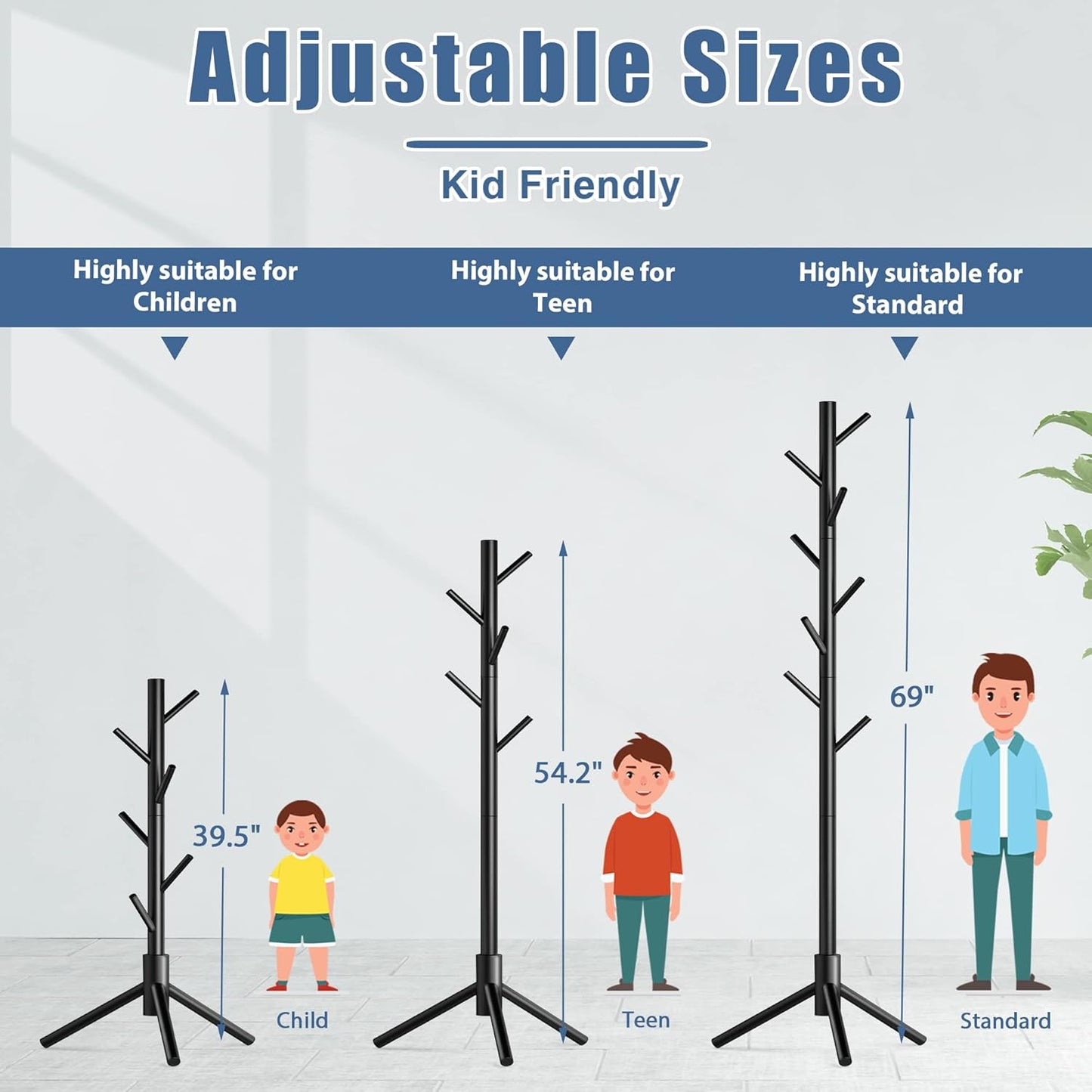 Wooden Coat Rack Stand with 8 Hooks New Zealand Pine 3 Adjustable Coat Standing Tree Easy Assembly for Coats, Hats, Scarves and Handbags for Entryway, Hallway, Bedroom, Office