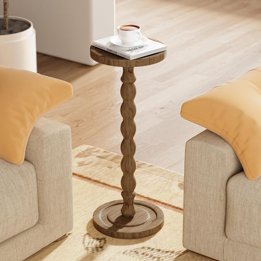 Small Side Table, Rubberwood Drink Table for Small Spaces, Solid Wood Pedestal Coffee Tables, round End Tables for Living Room, Sofa Couch, Bedroom, Corners, and Office (Brown, 9.4 Inch)