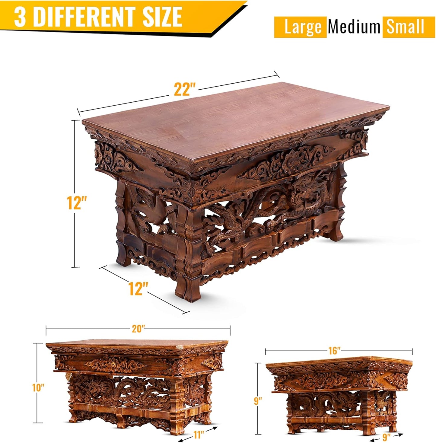 Solid Indian Elm Wood Hand Carved Shrine Altar Meditation Table (Small, Dark)