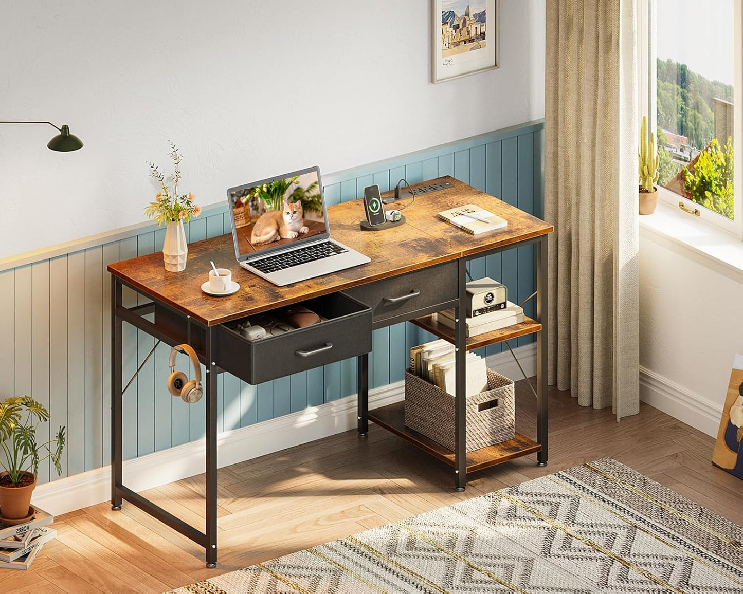 Small Computer Desk with Drawers, 40 Inch Reversible Home Office Desk with Power Outlet, Study Laptop Vanity Table with Storage Shelves for Bedroom Small Space, Rustic Brown