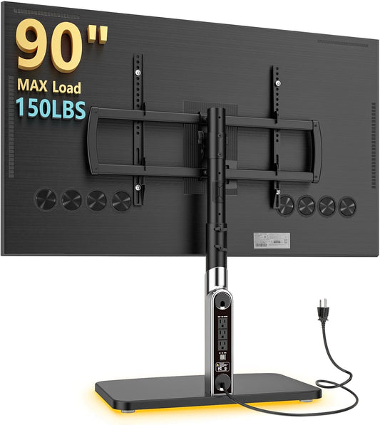 Universal TV Stand Tabletop TV Mount with Power Outlet for 50-90 Inch OLED LED Monitors, 9 Levels Height Adjustment, Ambient Lighting on the Bottom Holds up to 150Lbs, Black 600X400Mm
