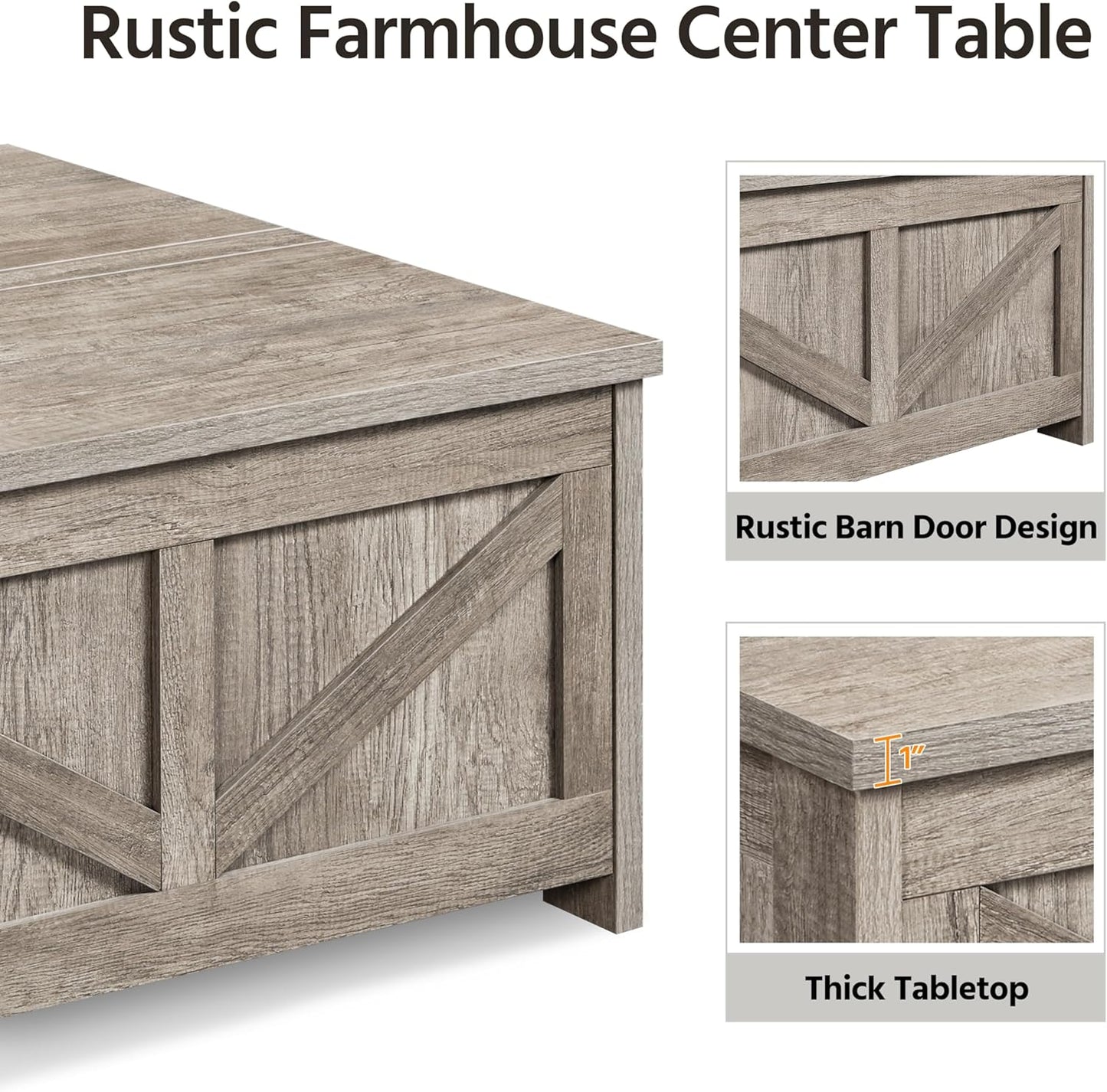 Gray square farmhouse lift top coffee table with hidden storage, view 9