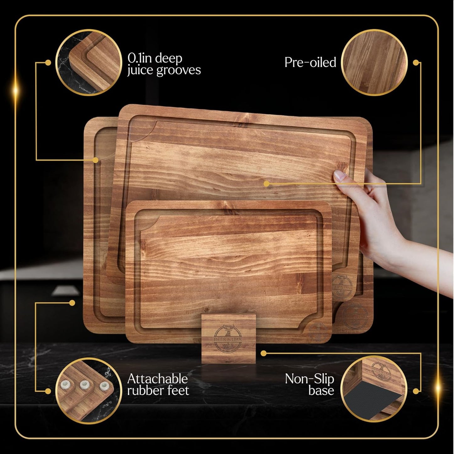 Pre-Oiled, Non Toxic 3-Piece Acacia Cutting Board Set with Stand, FSC Certified Wooden Chopping Boards with Juice Grooves for Meat. 3 Size Wood Carving Boards for Home & BBQ Kitchens by
