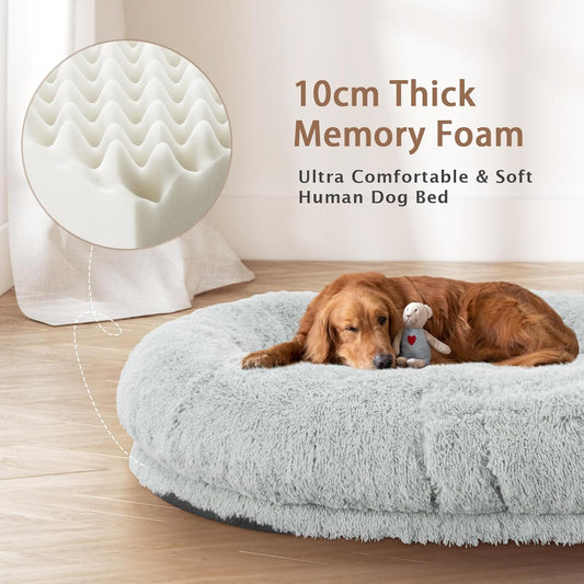Human Dog Bed, 71''X45''X12'' Size Fits Adult and Pet Washable Giant People Bed 10 CM Thick Memory Foam Large Oversize Pet Bed with Plump Pillow, Blanket, Strap - Grey