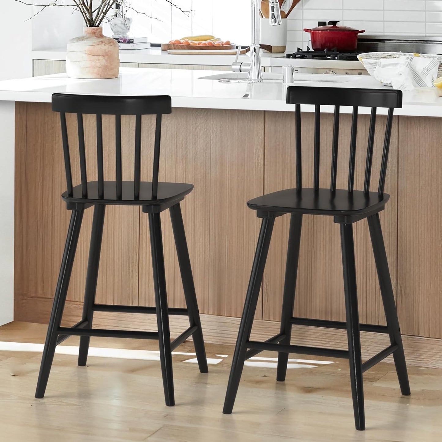 Windsor Wooden Bar Stools Set of 4 for Kitchen Island, Farmhouse 24 Inch Counter Height Stools Chairs with Spindle Back, Black