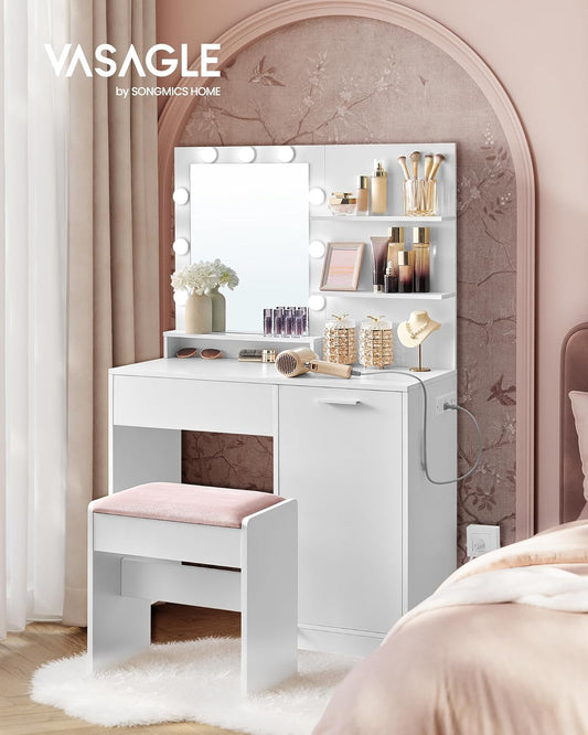 Vanity Desk with Mirror and Lights, 35.4-Inch Wide Makeup Vanity with Upholstered Vanity Stool, Power Outlets, Dimmable LED Lights, Storage Drawer, for Bedroom, Cloud White URDT128W01