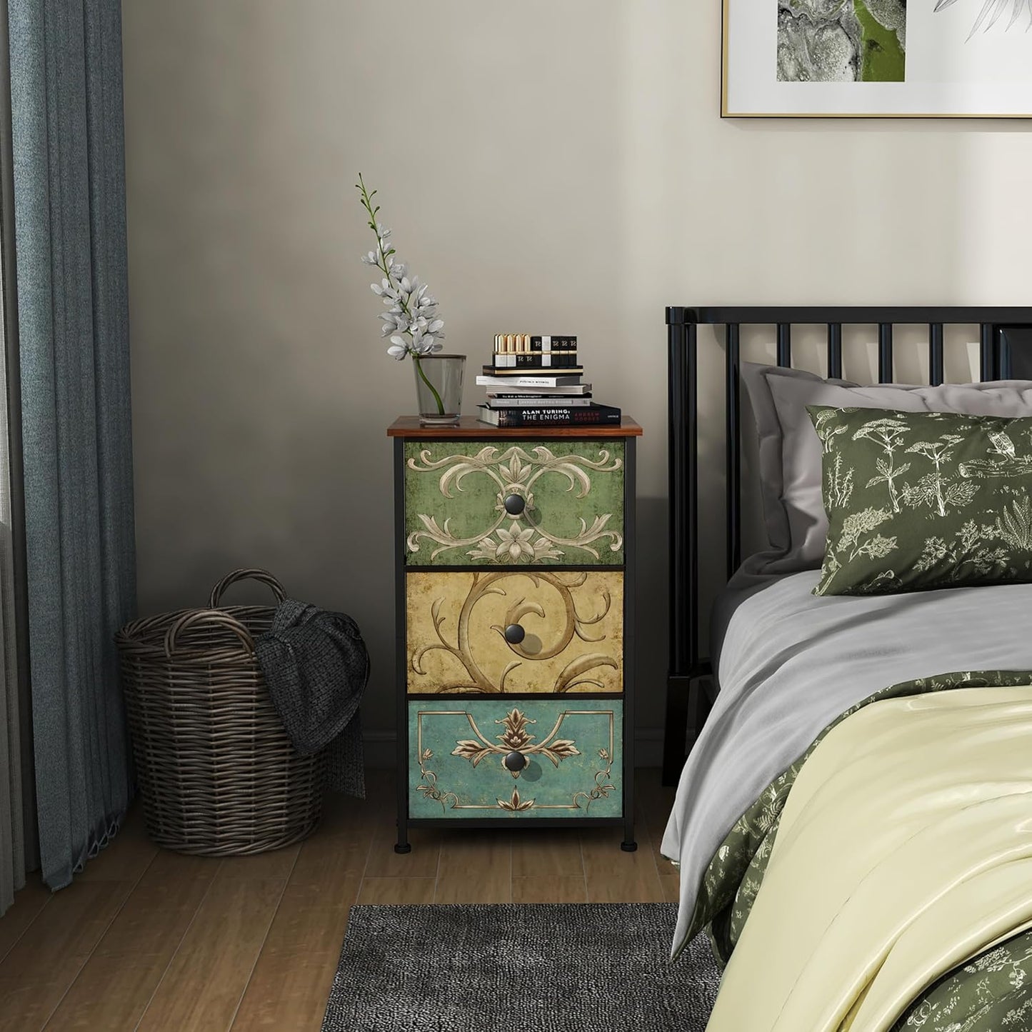 Small Dresser for Bedroom with Retro Flower Narrow Drawers Slim Chest of Drawers Skinny Nightstand Sofa End Table for Living Room Entryway Closet Storage (Multi, 3 Drawers)